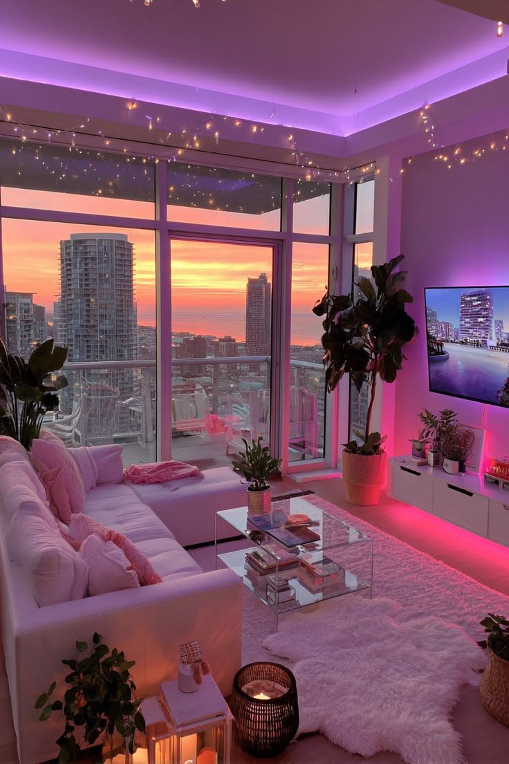 Neon Sunset Glam: Modern High-Rise Living Room with Purple LED Ambiance
