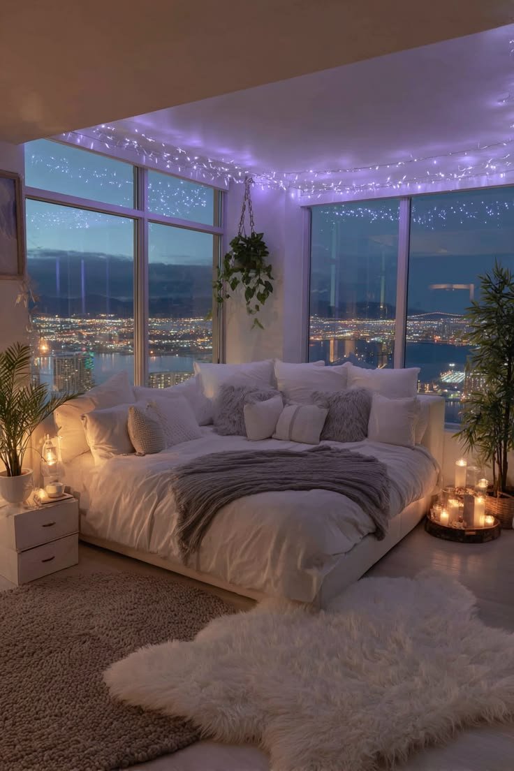 Dreamy Purple-Lit Bedroom with City Night Views and Cozy Aesthetic
