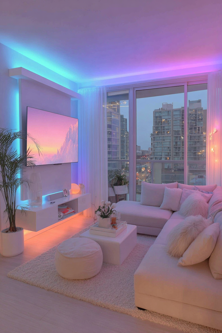 Neon Glow Living Room: Modern Pink & Cyan Aesthetic