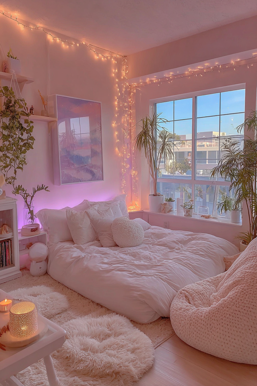 Dreamy Pink Bedroom with Warm Fairy Lights and Cozy Aesthetic