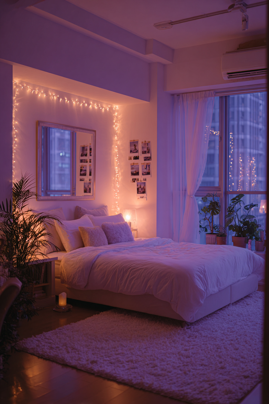 Cozy Neon-Lit Bedroom: Dreamy Purple & Pink Aesthetic with String Lights