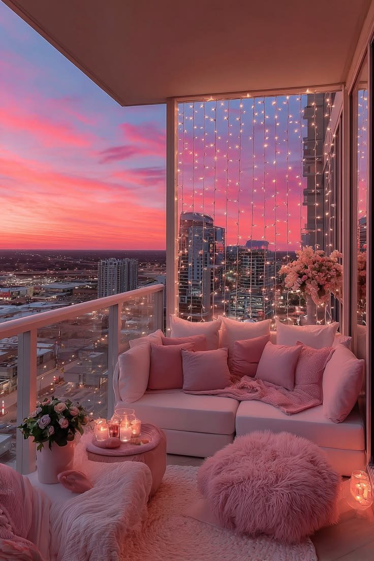 Romantic Sunset Balcony: Pink Luxury Penthouse with City Views