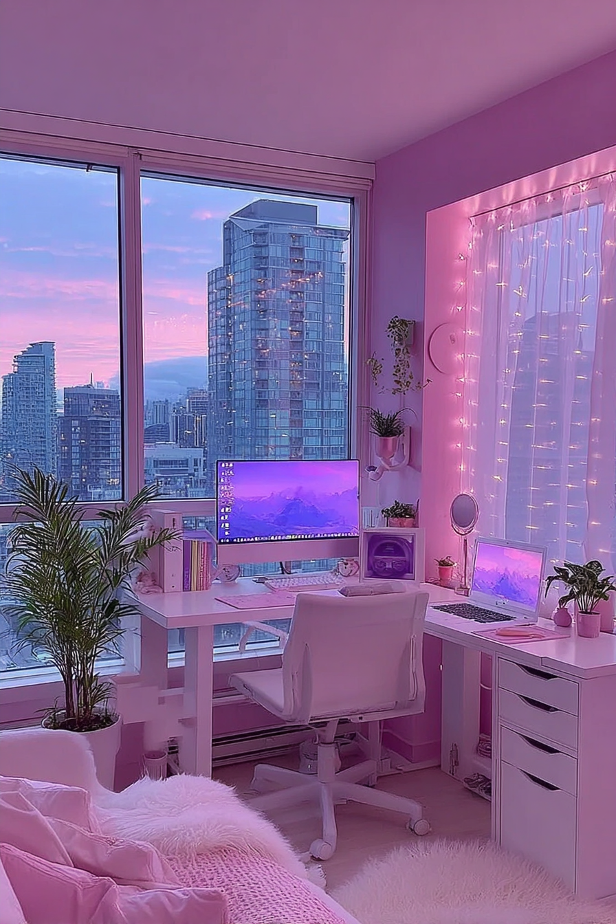 Dreamy Pink Gaming Setup: Modern Urban Workspace with Neon Aesthetics