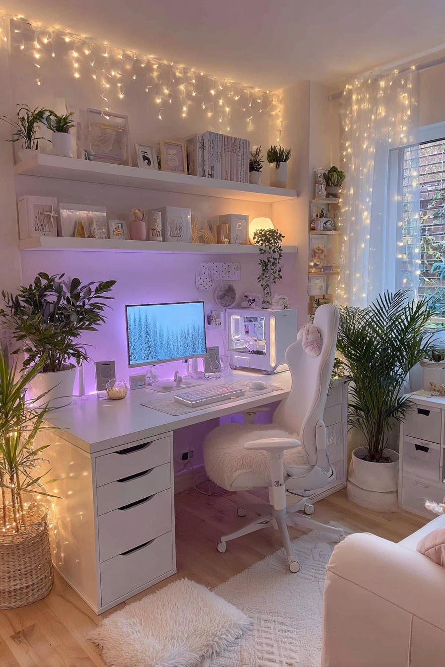 Cozy Gaming Room with Warm LED Lights and Plants