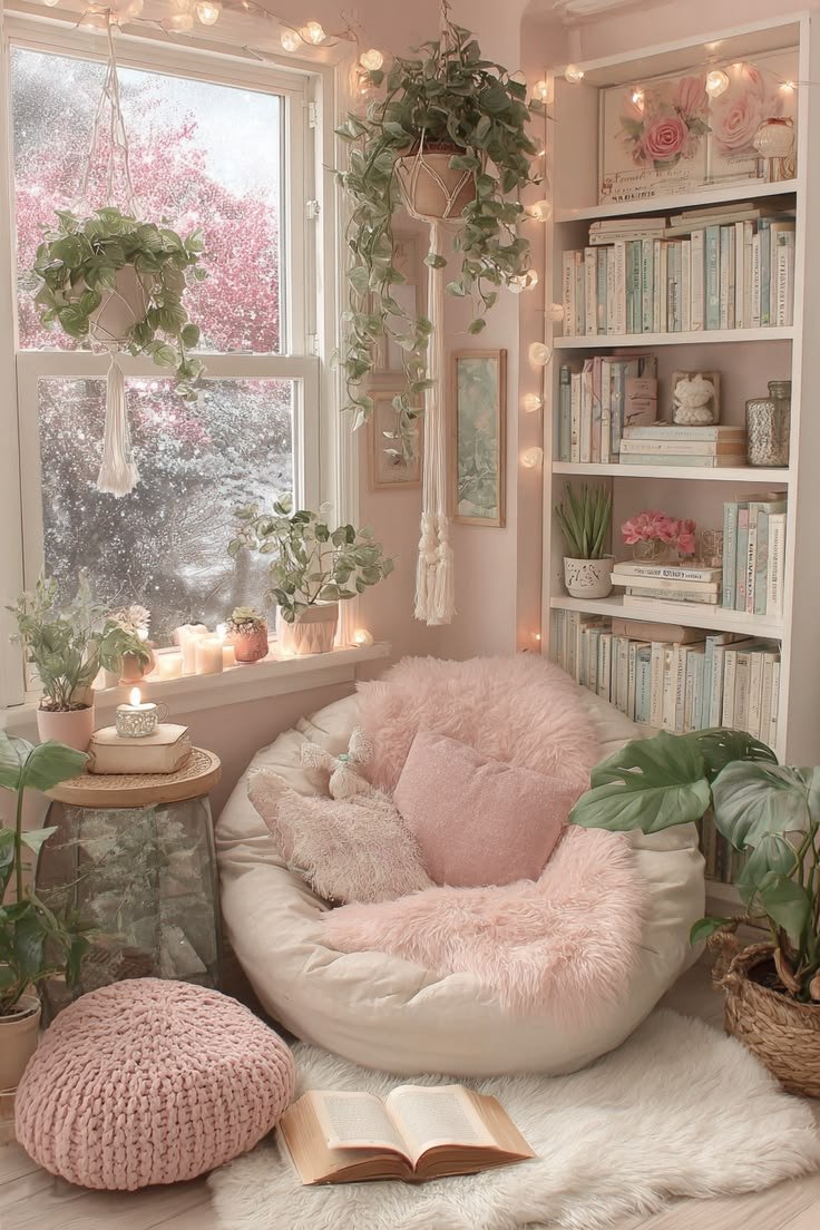 Cozy Blush Reading Nook with Hanging Plants & Warm Lighting