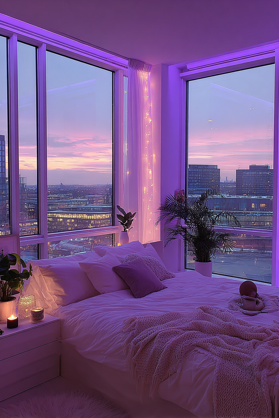 Purple Neon Bedroom with Stunning City Skyline Views