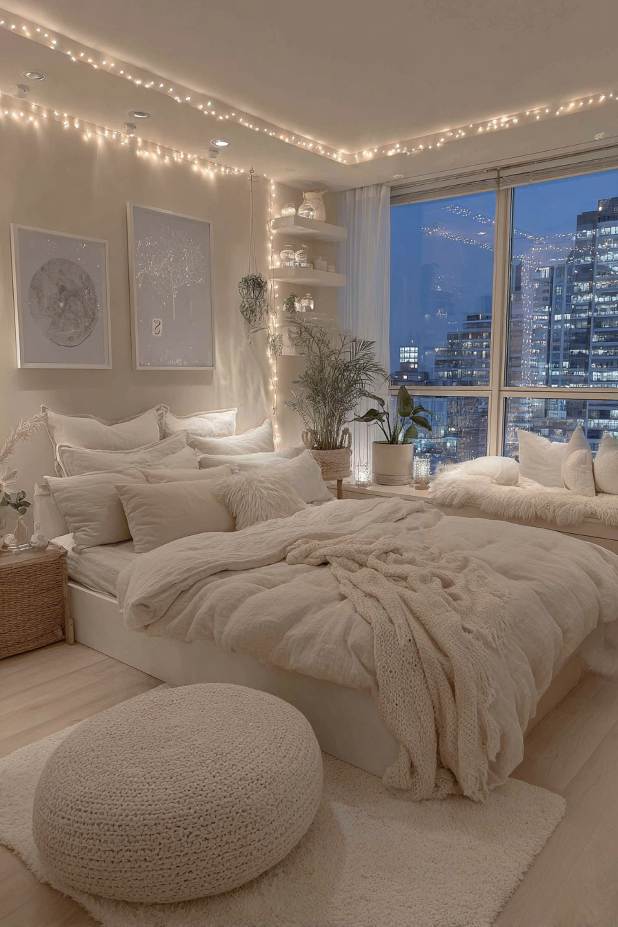 Cozy Modern Bedroom with String Lights and City Views | Minimalist Aesthetic