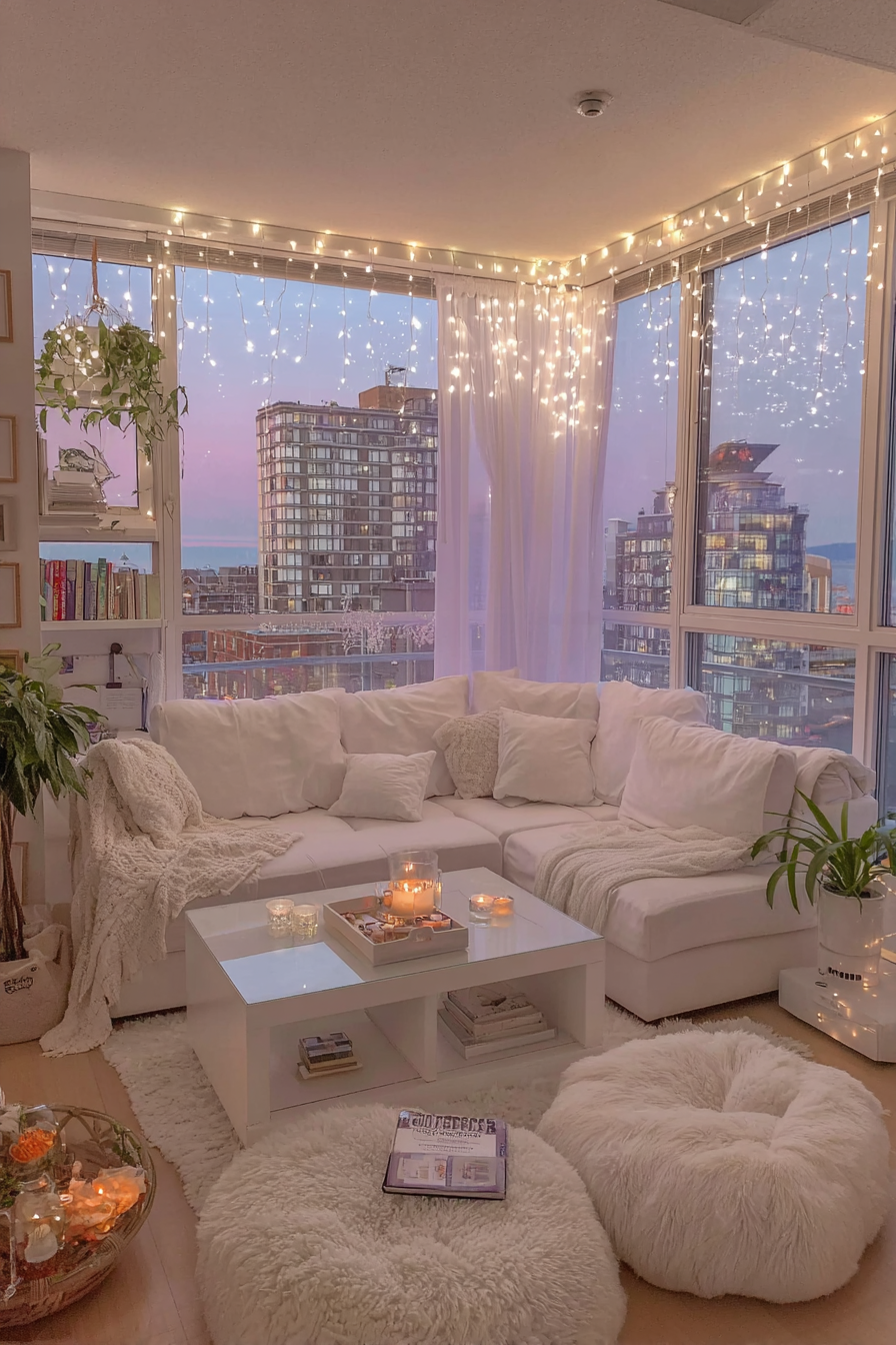 Cozy Urban Apartment with Fairy Lights and City Views