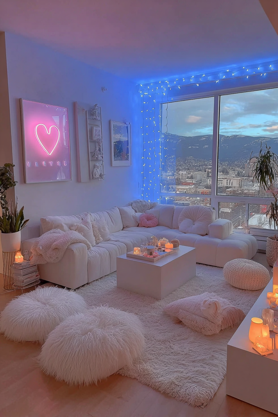 Modern Pink & Blue Neon Living Room with City Views