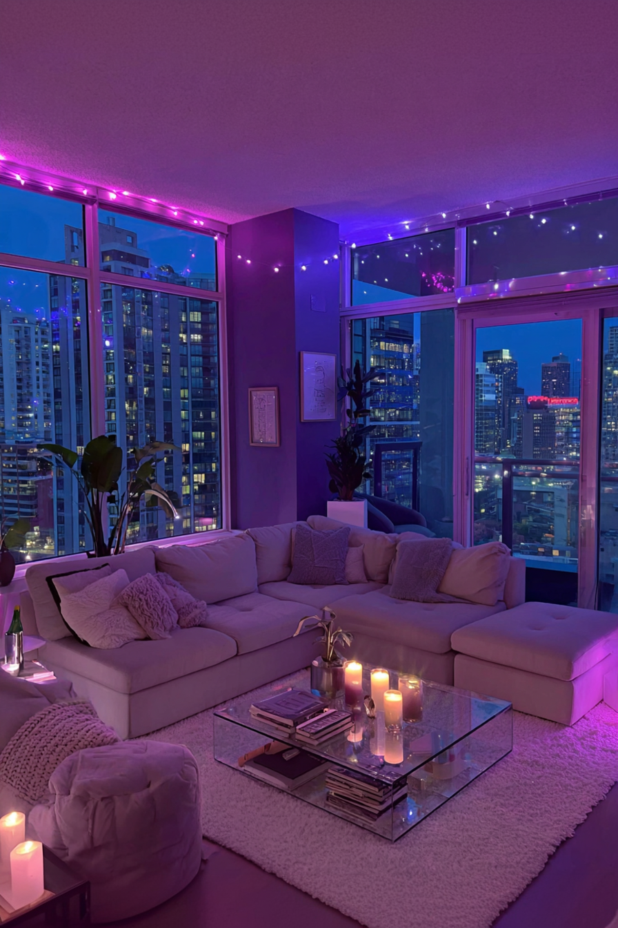 Neon Glow Luxury Living Room with City Skyline Views