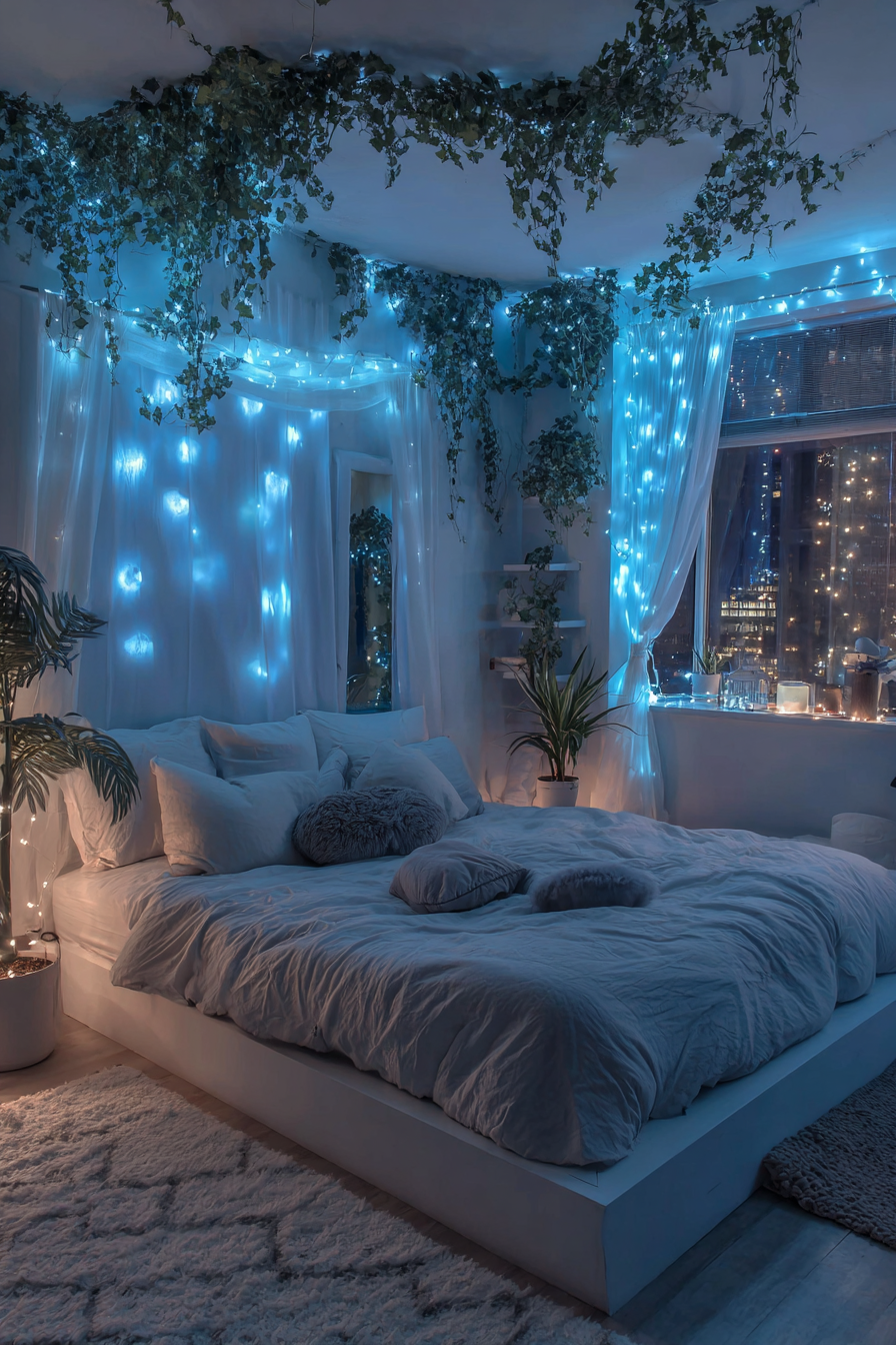 Blue Night-Time Fairy Light Aesthetic Bedroom