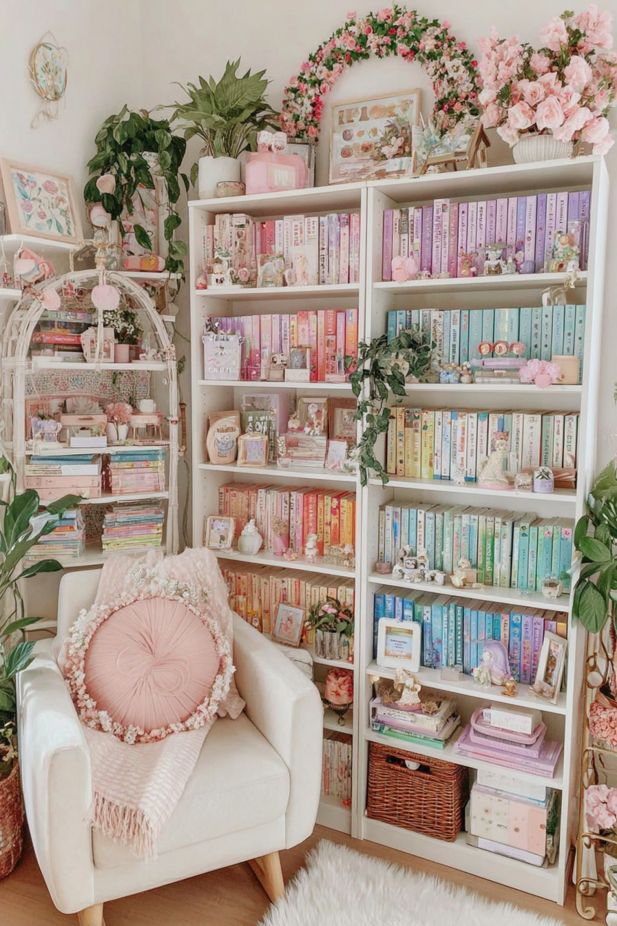 Dreamy Pink Bookshelf Aesthetic: Cozy Reading Nook with Floral Decor