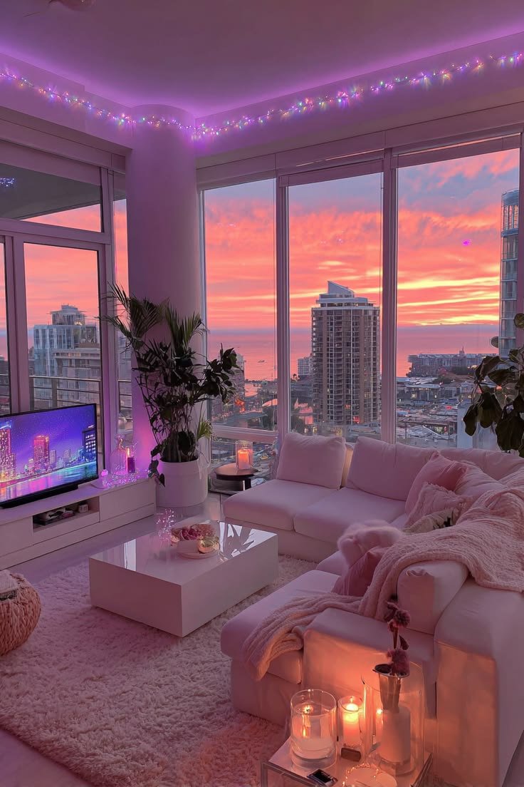 High-rise living room bathed in vibrant pink and purple RGB lighting, with sunset visible through floor-to-ceiling windows