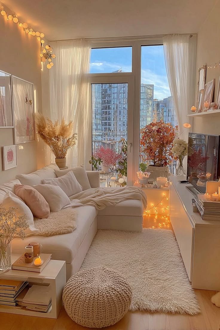 Airy apartment corner with cream sectional, cream throws, dried pampas grass, and soft golden hour light streaming through floor-to-ceiling windows