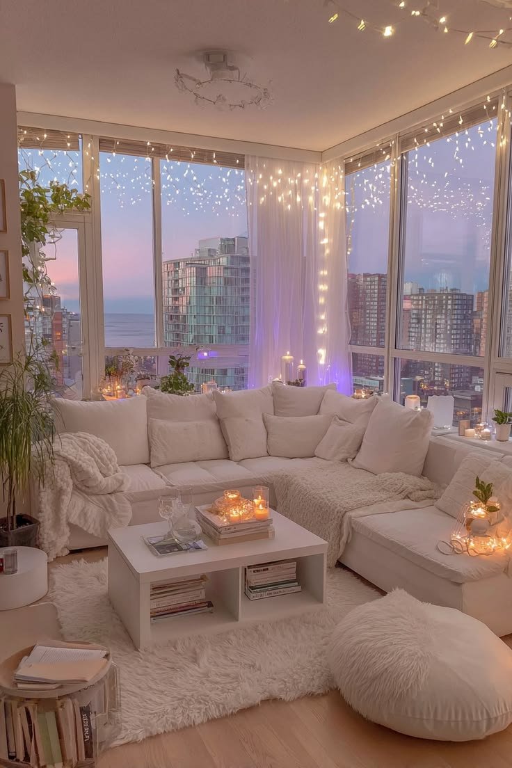 Minimalist living room with cream sofa and expansive city views, adorned with delicate string lights draped across large windows and ceiling