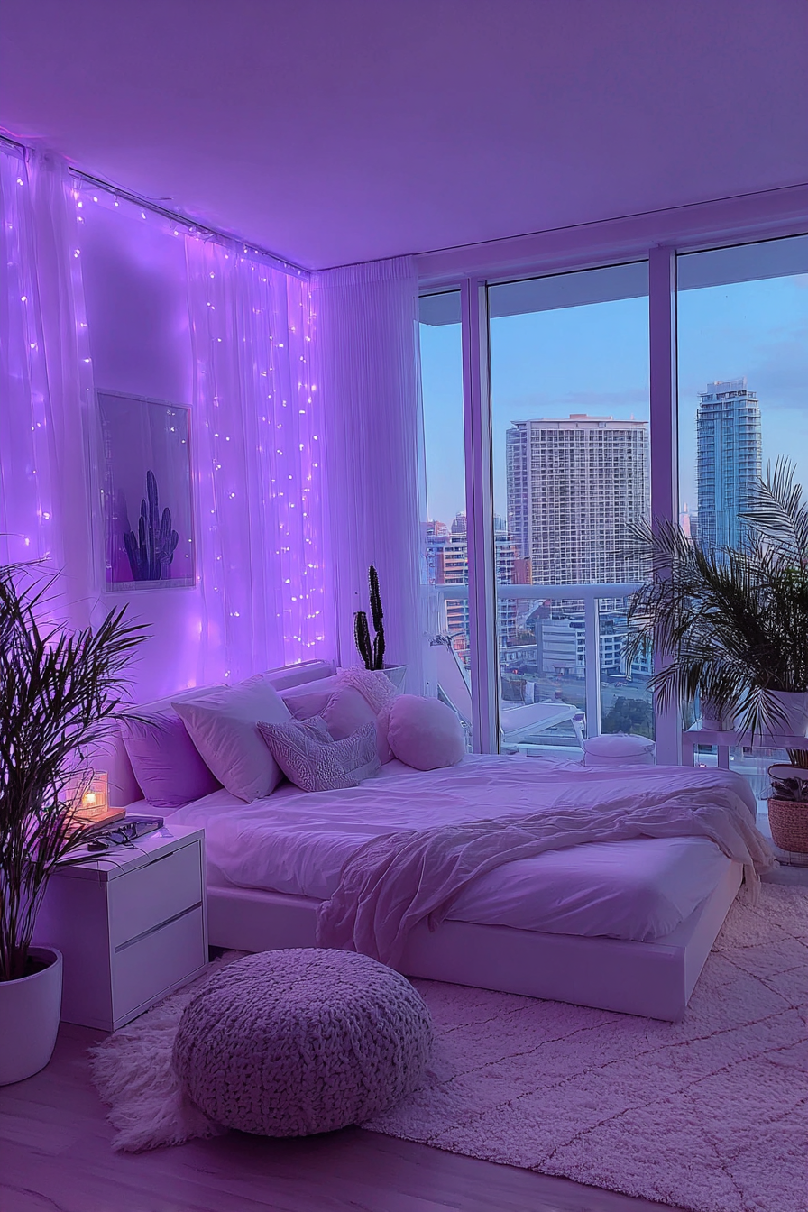 Neon Purple Bedroom: Modern Luxury High-Rise with LED Curtain Lights