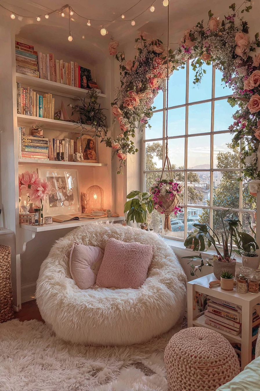 Romantic Blush Bedroom with Floral Window Installation and Cozy Reading Nook