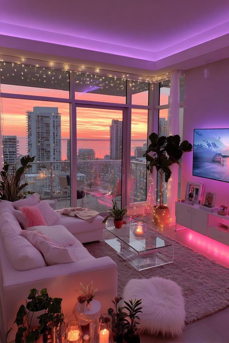 Contemporary living room in soft pink with magenta RGB accent lighting, minimal furnishings, floor plants, and a breathtaking sunset view through expansive windows