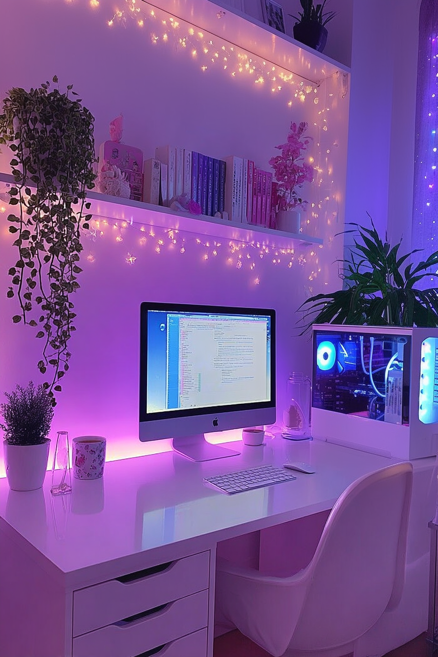 Neon Dream Gaming Setup: Purple Aesthetic Home Office with Ambient Lighting