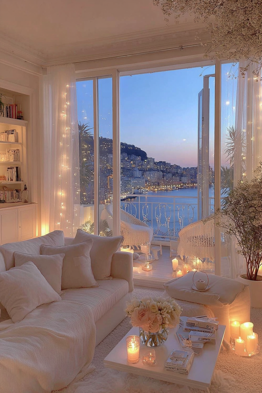 Luxe Waterfront Living Room with Sunset Glow and Candlelit Elegance