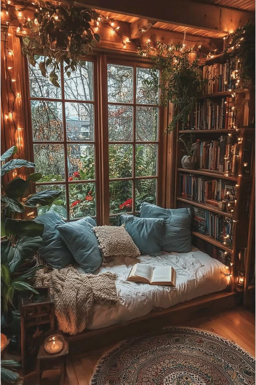 Cozy window seat with blue upholstered cushions, wooden built-in shelving filled with books, and string lights draped overhead