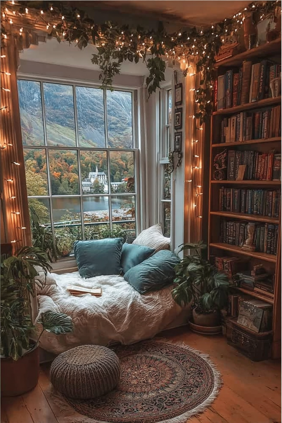 Expansive mountain view from a reading nook with floor-to-ceiling windows, wooden shelving, blue bedding, and potted plants