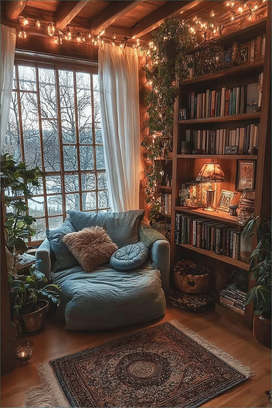 Elegant reading corner featuring a blue upholstered armchair by a window, wooden bookshelves, warm overhead lighting, and decorative desk accessories