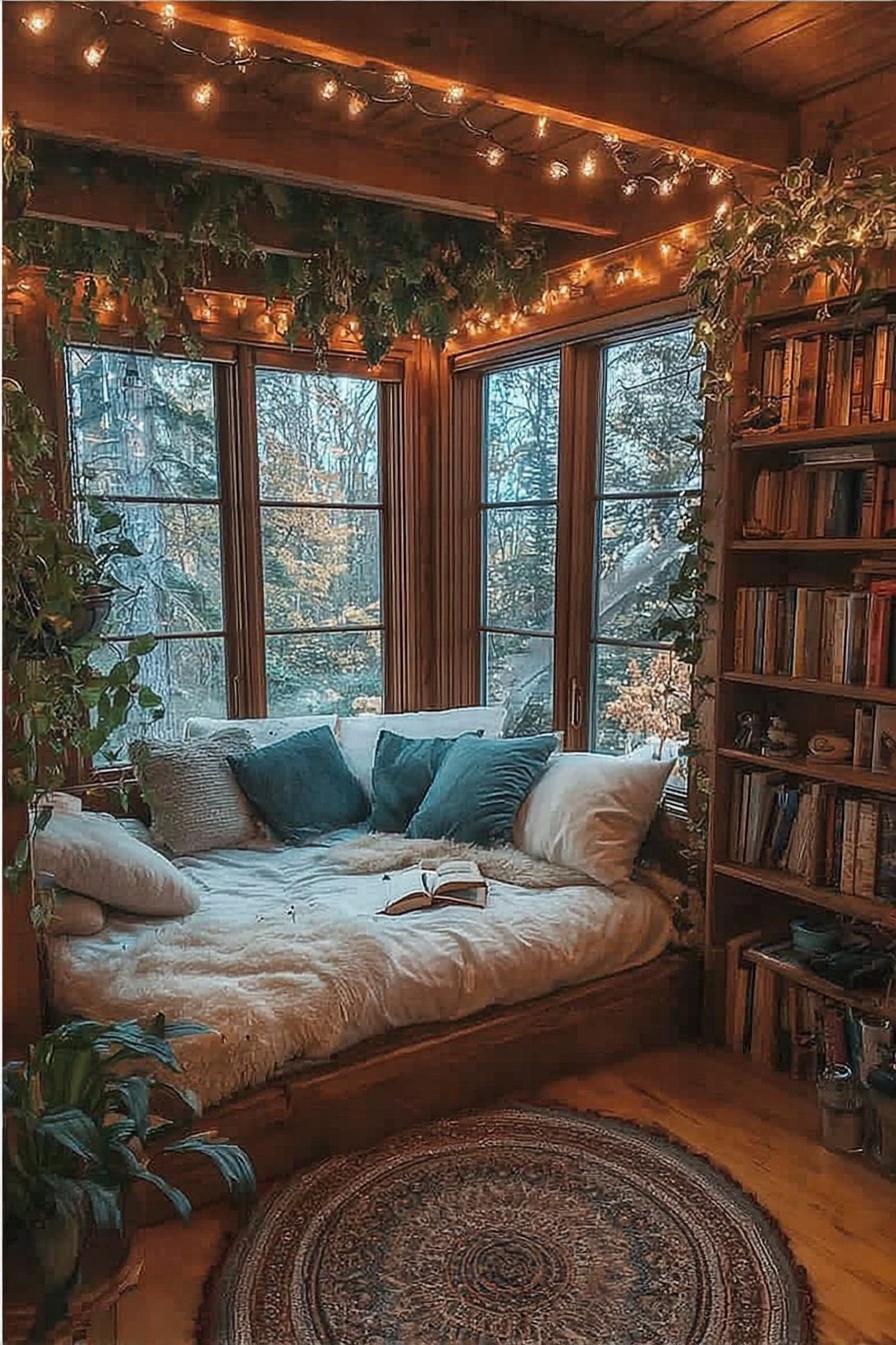 Stunning panoramic reading nook with expansive alpine mountain views, cozy bed platform surrounded by large windows, wooden beams, string lights, and cascading greenery