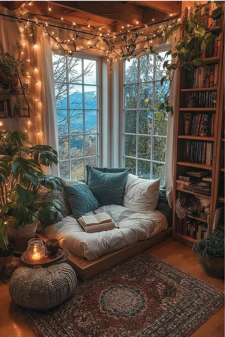 Plant-filled reading nook with elaborate string light canopy overhead, blue upholstered seating, wooden shelving, large forest-view windows, and potted greenery