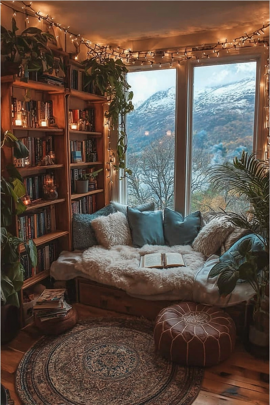 Serene lakeside reading nook positioned between two large windows with alpine lake views, warm string lights overhead, cozy layered bed, and wooden built-ins