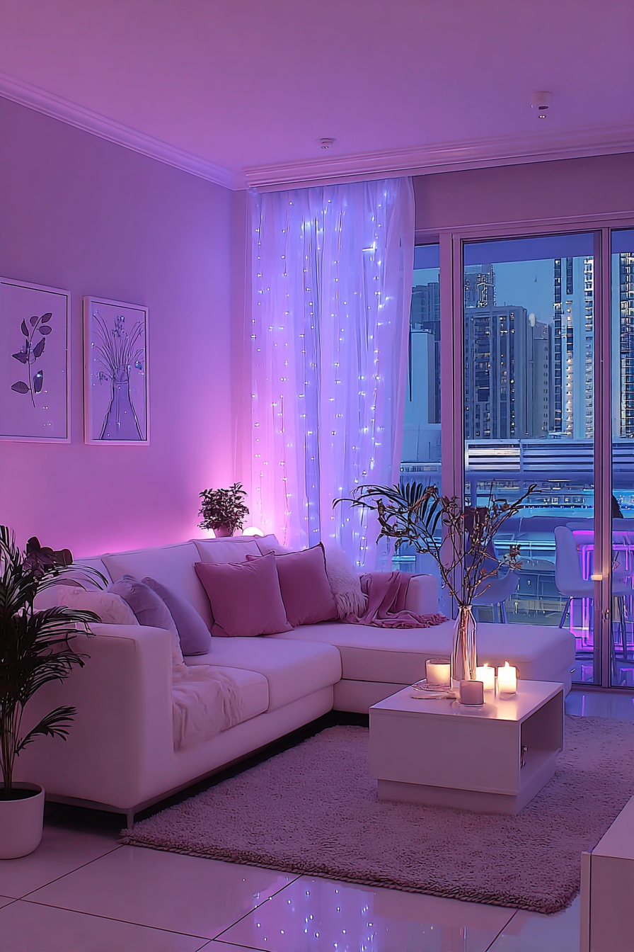 Neon Purple Oasis: Modern Living Room with LED Curtain Lights & City Views