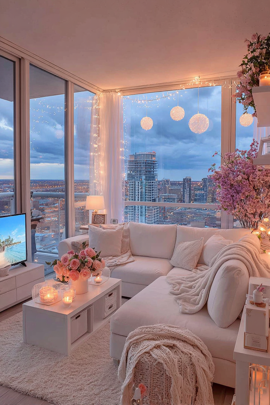 Luxury Penthouse Sunset: Glowing Spheres & Rosy Romance