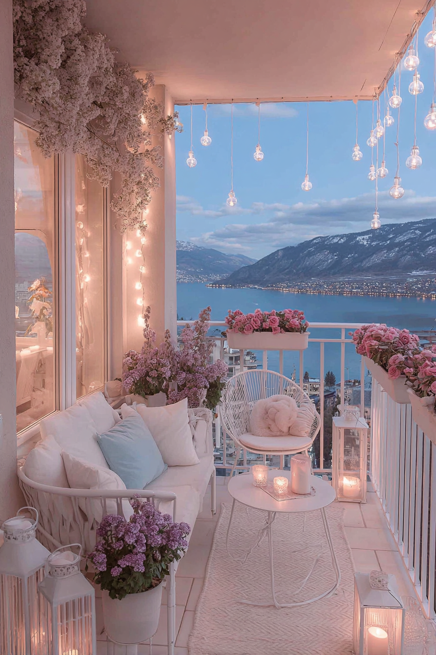 Luxury Alpine Balcony: Romantic Pink & White Retreat with Mountain Views