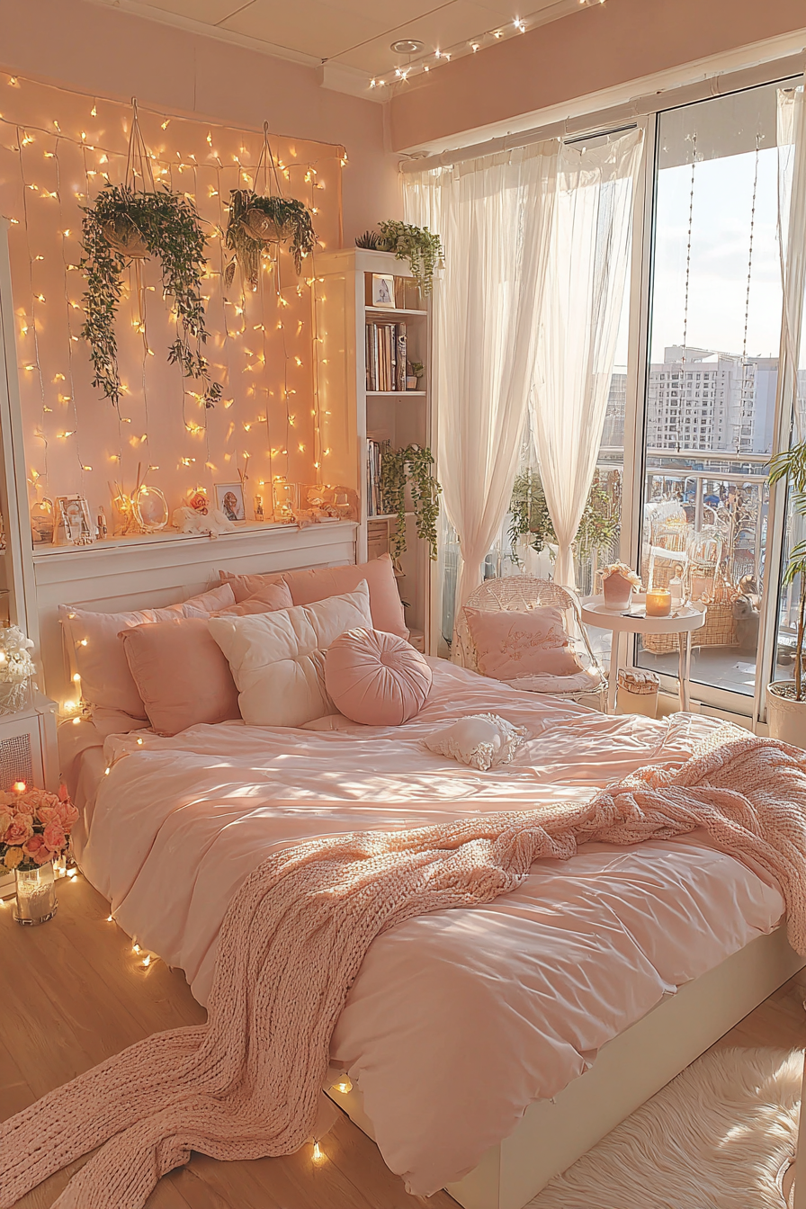 A pink bedroom wall with cascading string lights and hanging ivy plants, creating a dreamy ambient glow against a warm peachy wall