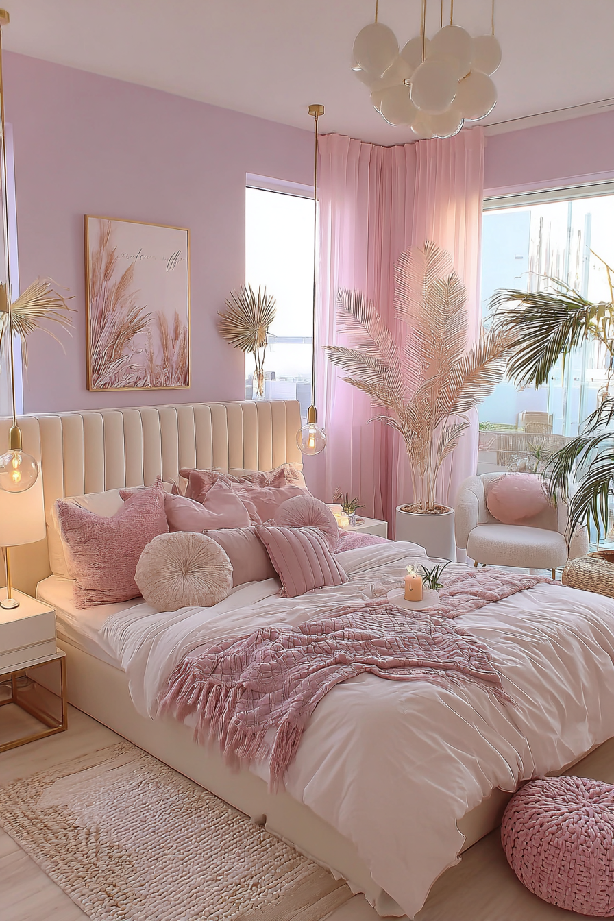 A sophisticated pink bedroom with a cream quilted headboard, brass pendant lights, framed botanical art, and layered bedding in soft pastels