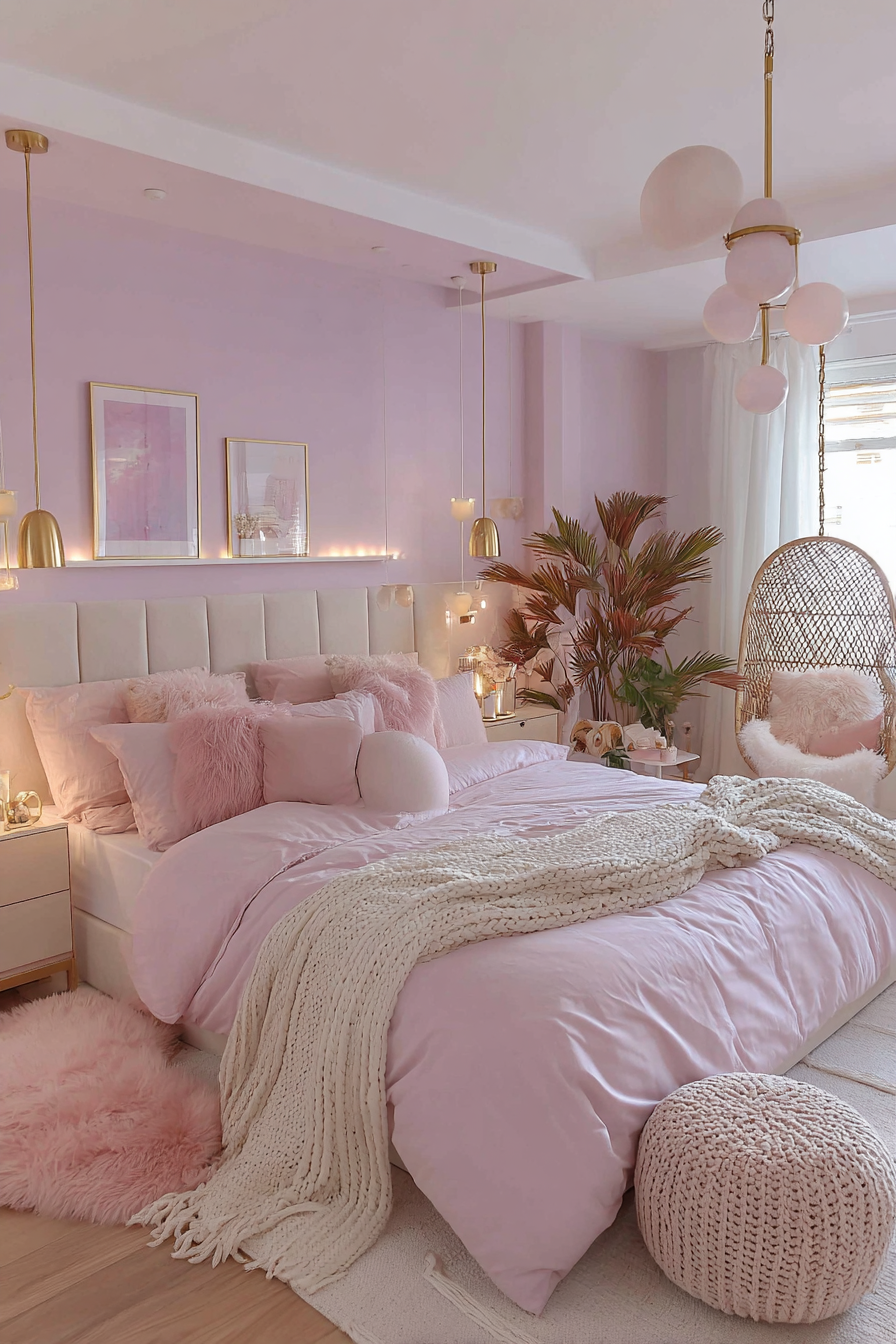 Detailed view of a pink bedroom headboard with vertical channeling, styled with plush throw pillows in blush, cream, and mauve tones, and a cozy woven throw blanket