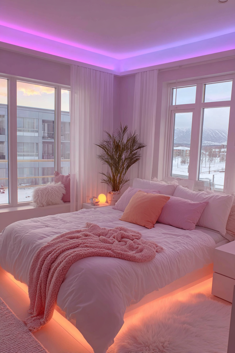 A modern pink bedroom with a vibrant magenta LED ceiling cove light above the bed, white bedding, and floor-to-ceiling windows with mountain views