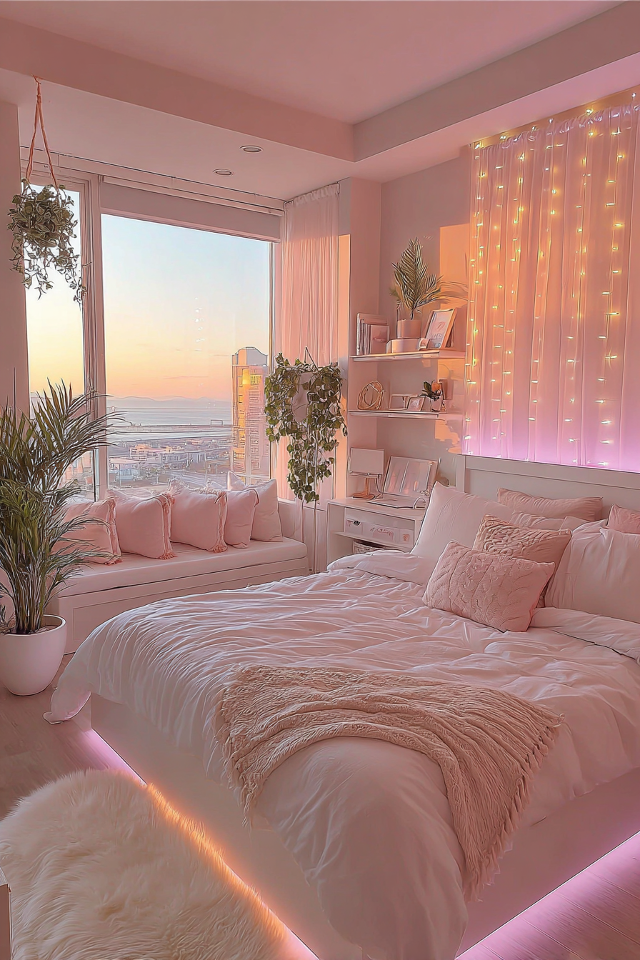 A modern pink bedroom featuring floor-to-ceiling windows overlooking a city skyline at sunset, with layers of pink textiles and golden string lights