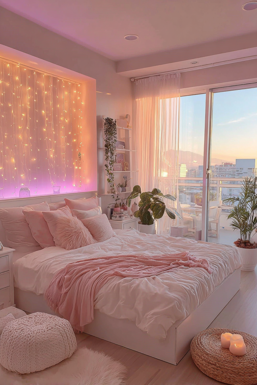 A bedroom accent wall in soft coral-pink with cascading string lights and hanging pothos plants, paired with a bed dressed in pale pink linens
