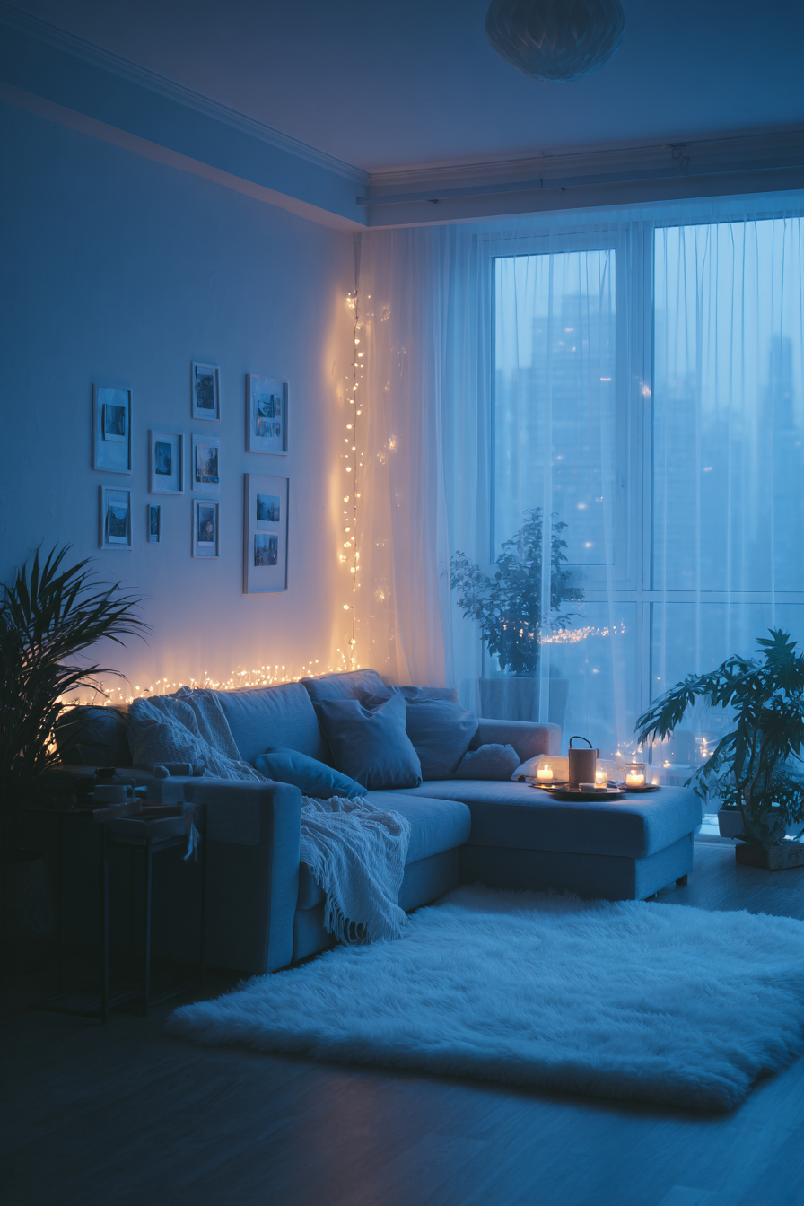 Cozy apartment living room at twilight with blue ambient lighting, white sofa scattered with pillows, string lights draped vertically near windows, potted plants in corners, gallery wall of photos, candlelight glow