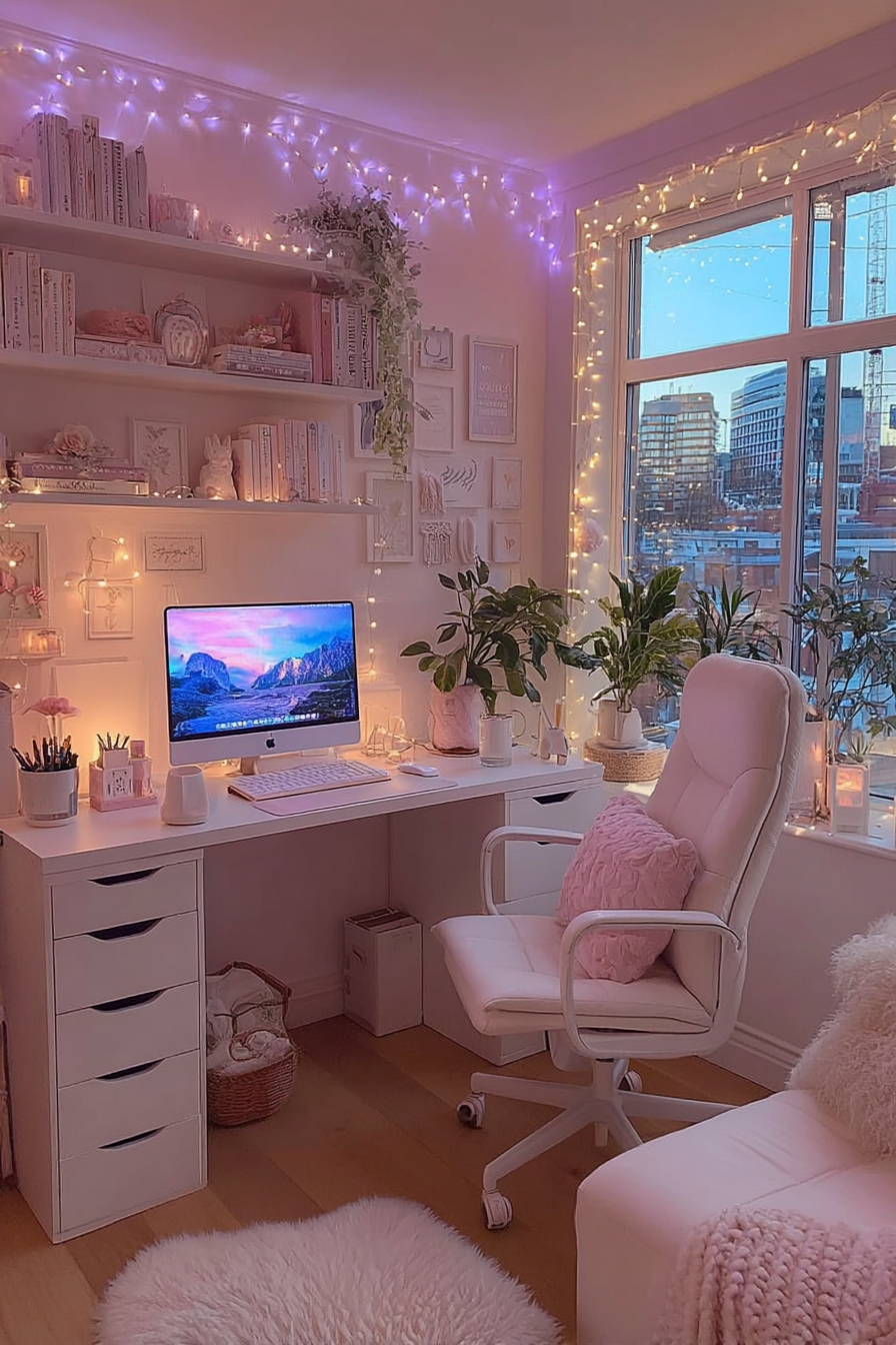 Minimalist white desk with LED shelf lighting above, creating layered illumination for a modern office