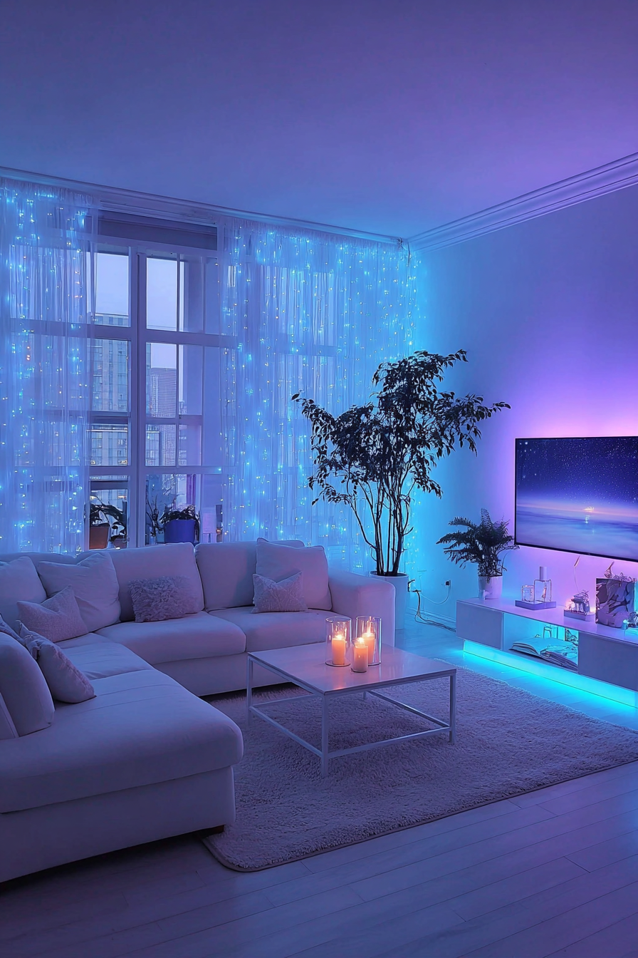 Luxury apartment living room with fairy lights woven through white sheer curtains, casting dreamy blue and purple glow across neutral sofa