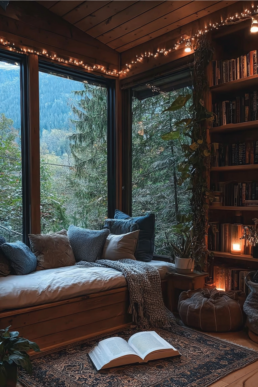 Moody dark wood window nook with forest views, blue and tan cushions, warm lantern lighting