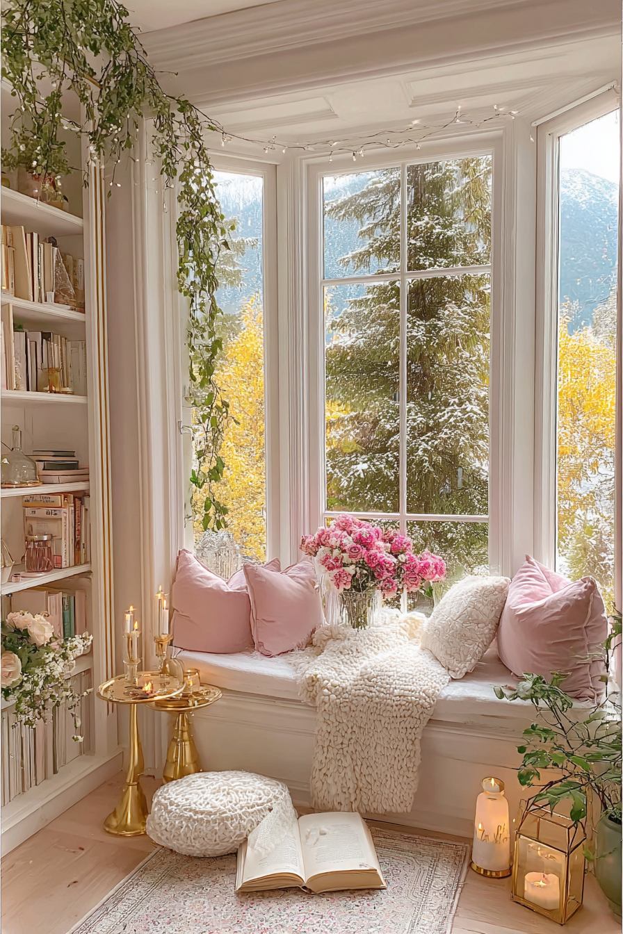 Bright airy window seat with pink pillows, mountain views, cream knitted throw, and candlelight