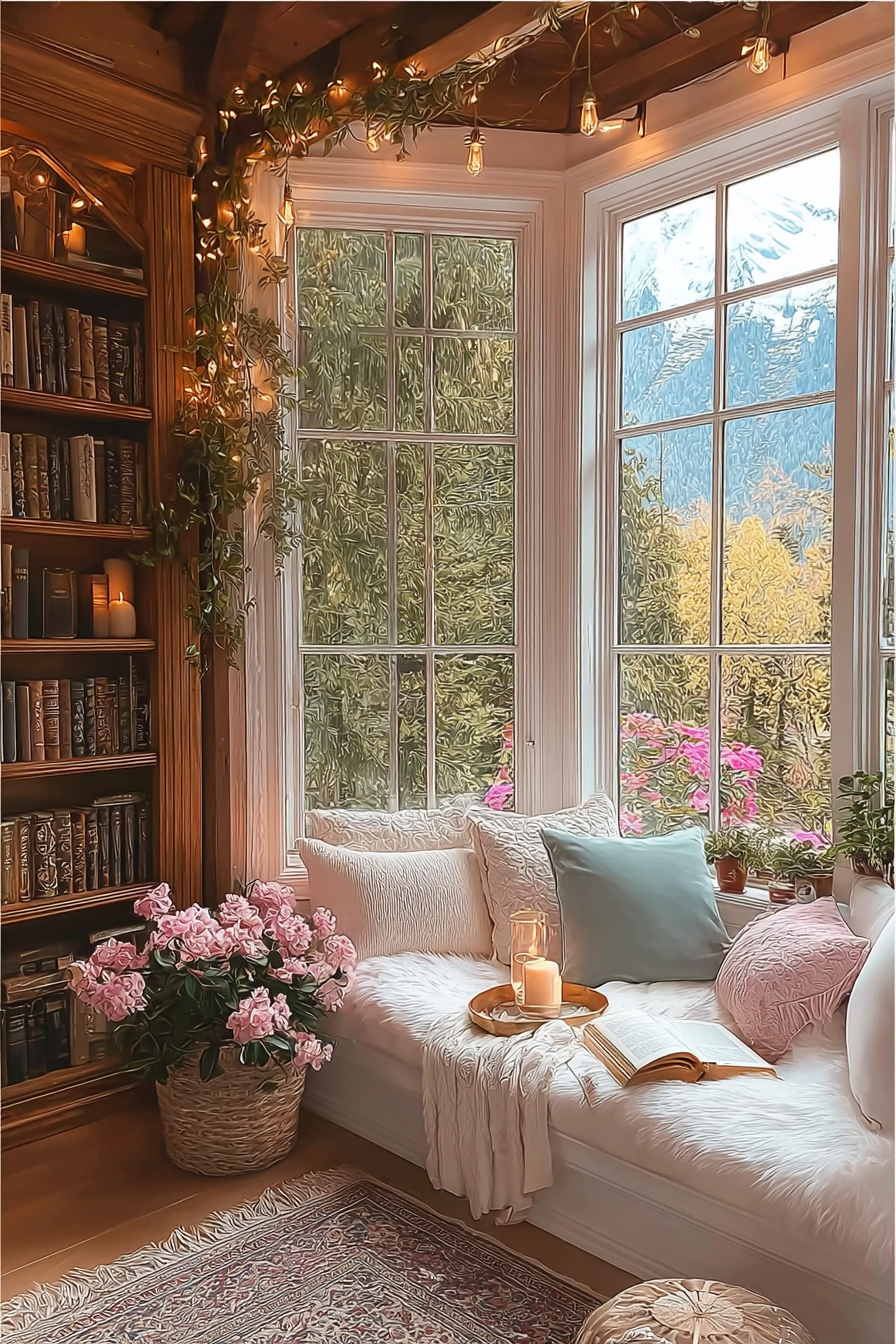 Bright window seat with cascading botanical vines, pink flowers, cream cushions, and mountain views