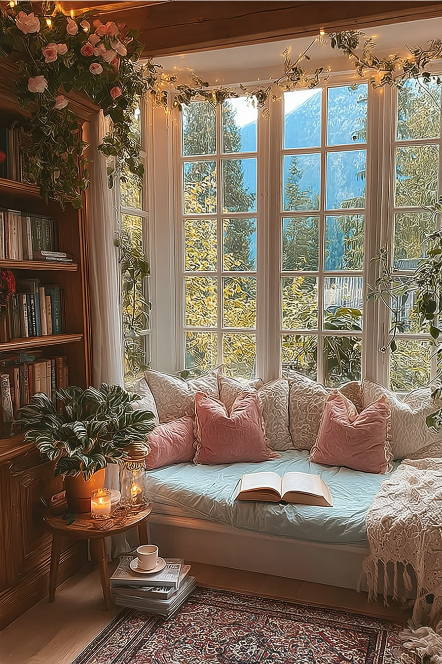 Soft pastel window nook with pink and cream pillows, fresh flowers, warm candlelight, and forest views