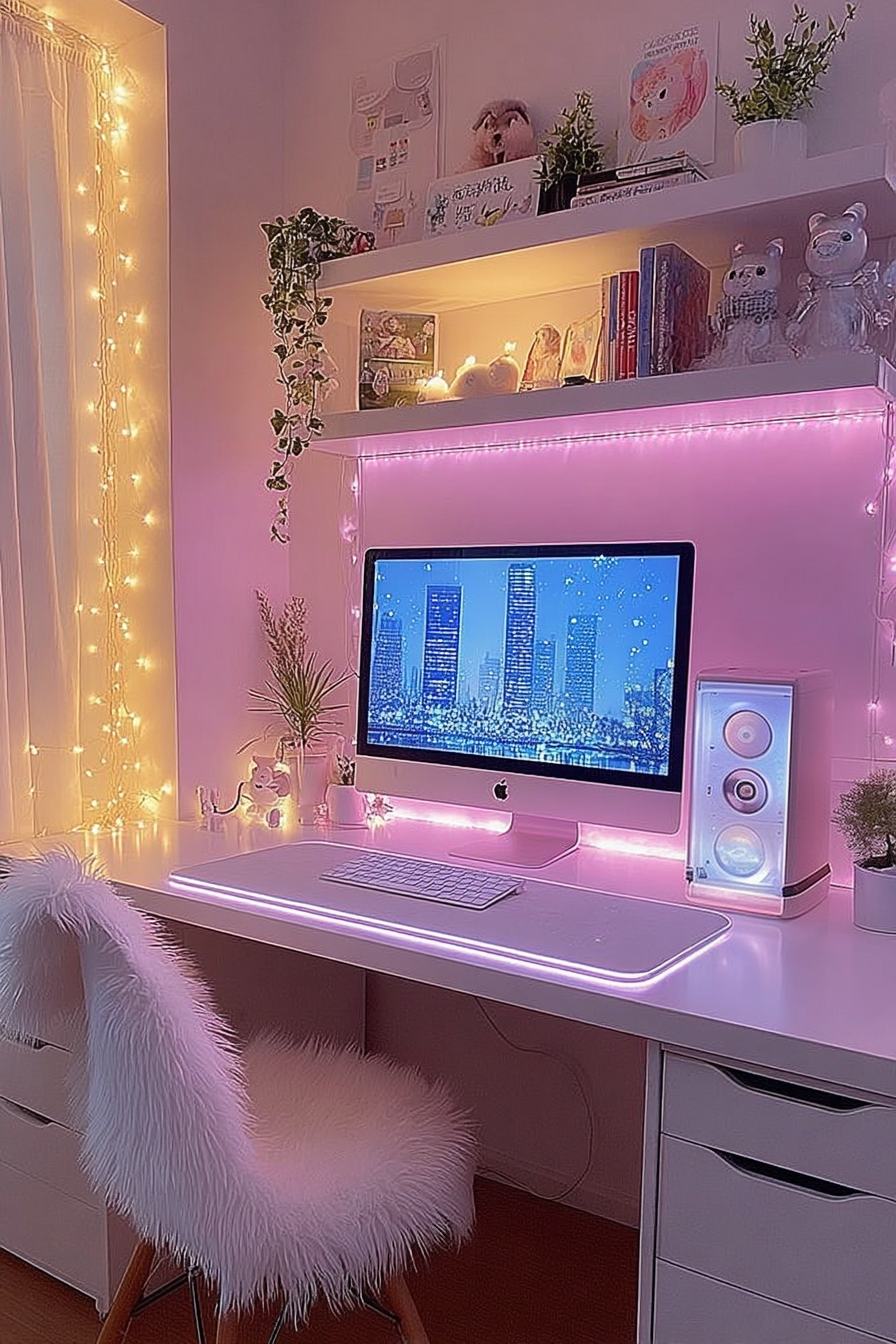 Bright daytime desk setup with natural window light and muted LED accent lighting layered together