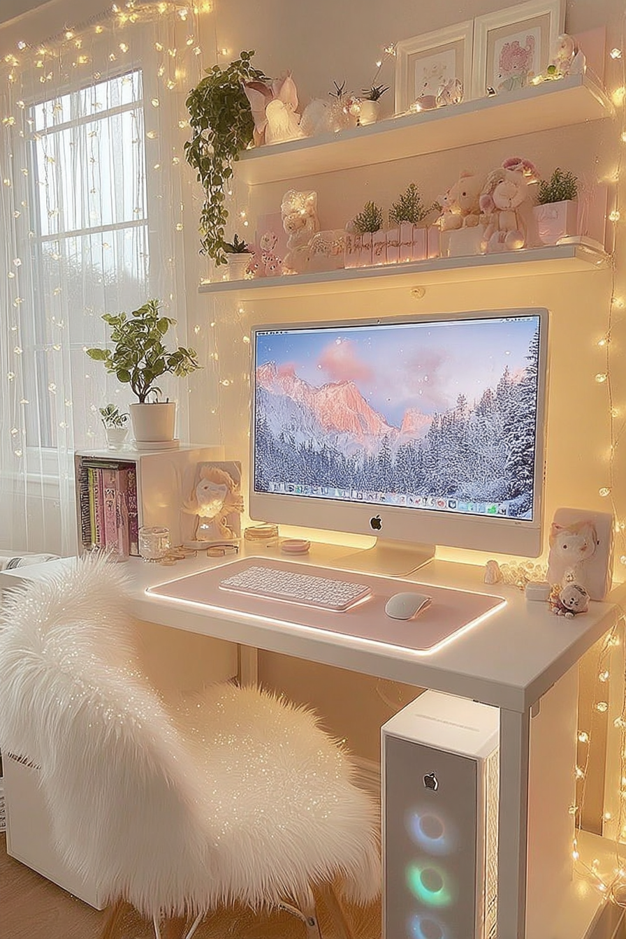 Window framed with delicate LED curtain lights creating a magical backdrop above a pink desk
