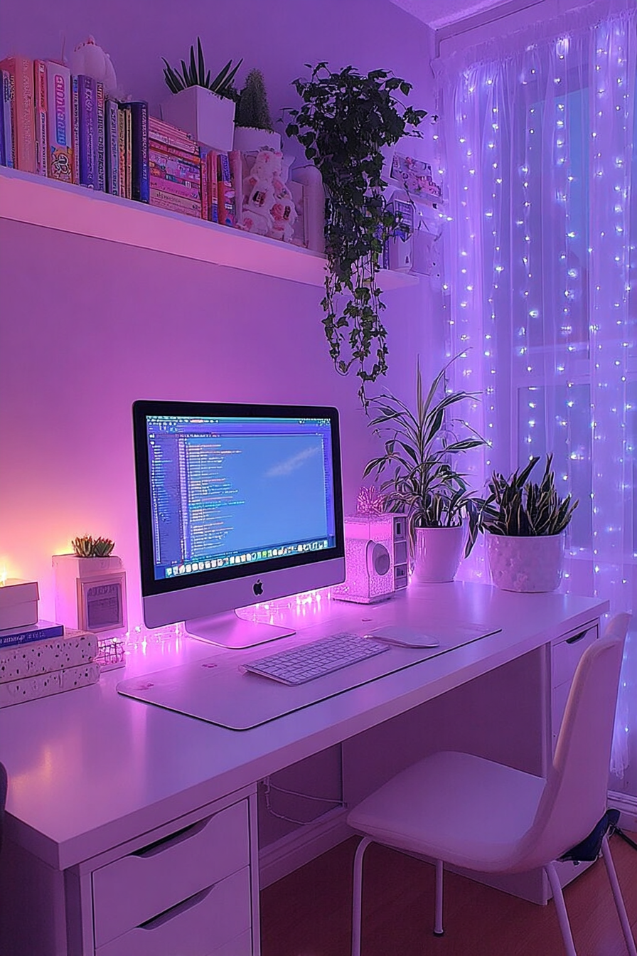 LED strip lights glowing beneath a desk, creating a futuristic pink and purple ambient effect