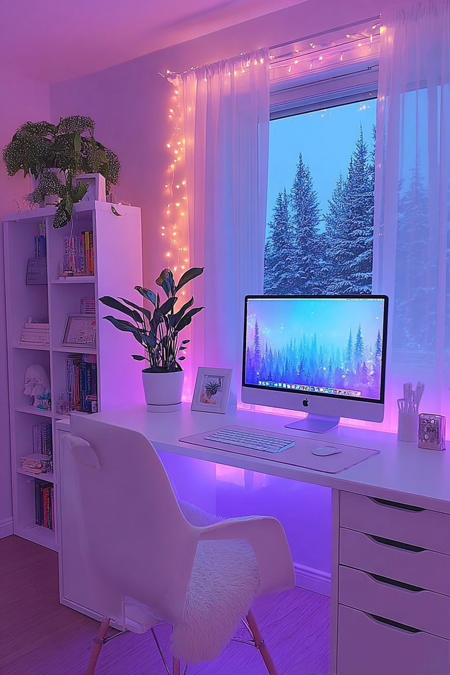 Bright LED strip lights behind iMac monitor with warm glow illuminating workspace